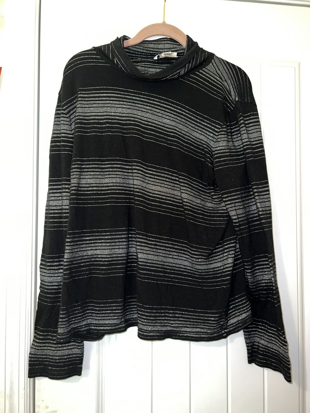 Talbots womens XL black turtleneck long sleeve blouse silver stripes